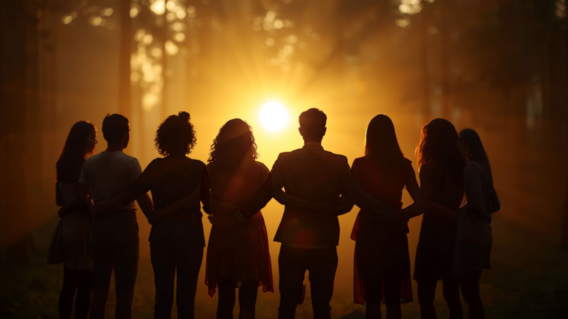 A community standing together at sunrise, arms linked in unity