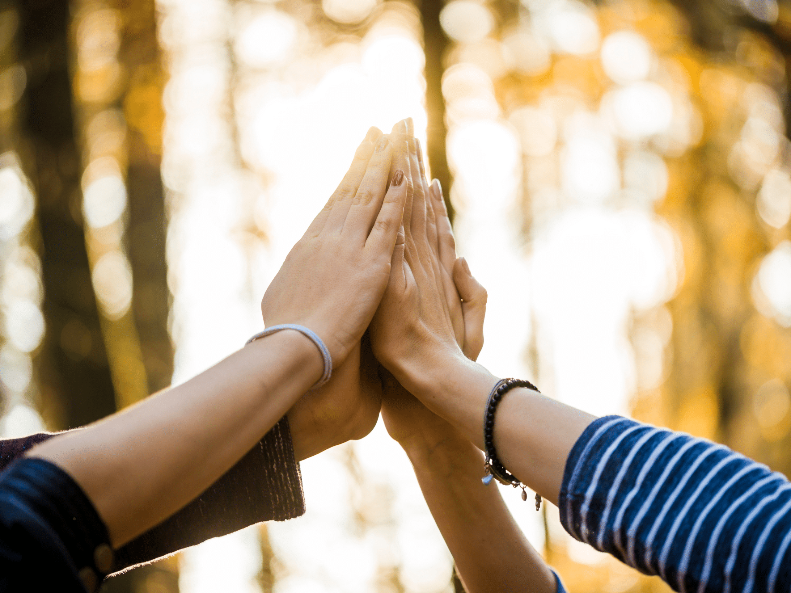 Two people pressing their hands together in a high five outdoors