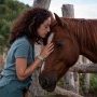 Brunette woman forming bond with an anglo- arab horse behind a wood fence in a field.